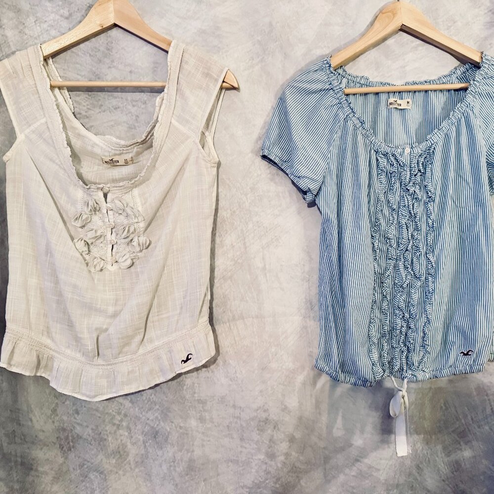2 Hollister Cap Sleeve Linen Summer Tops - White & Blue Striped - Sizes XS & M